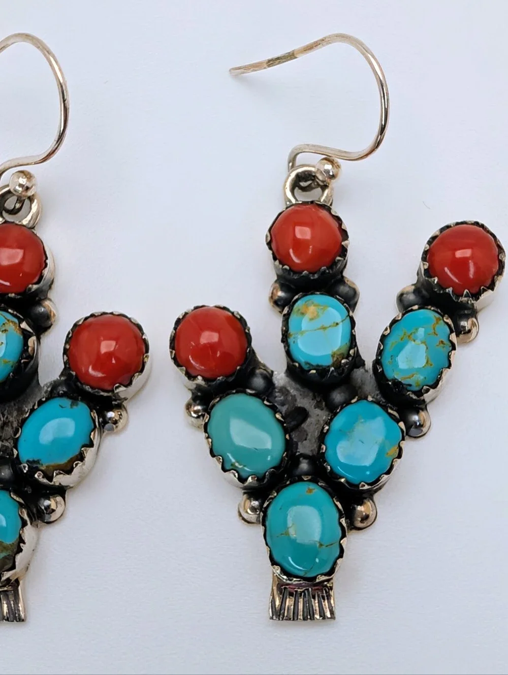 Kingman Turquoise & Coral S925 Sterling Silver Cactus Dangle Earrings